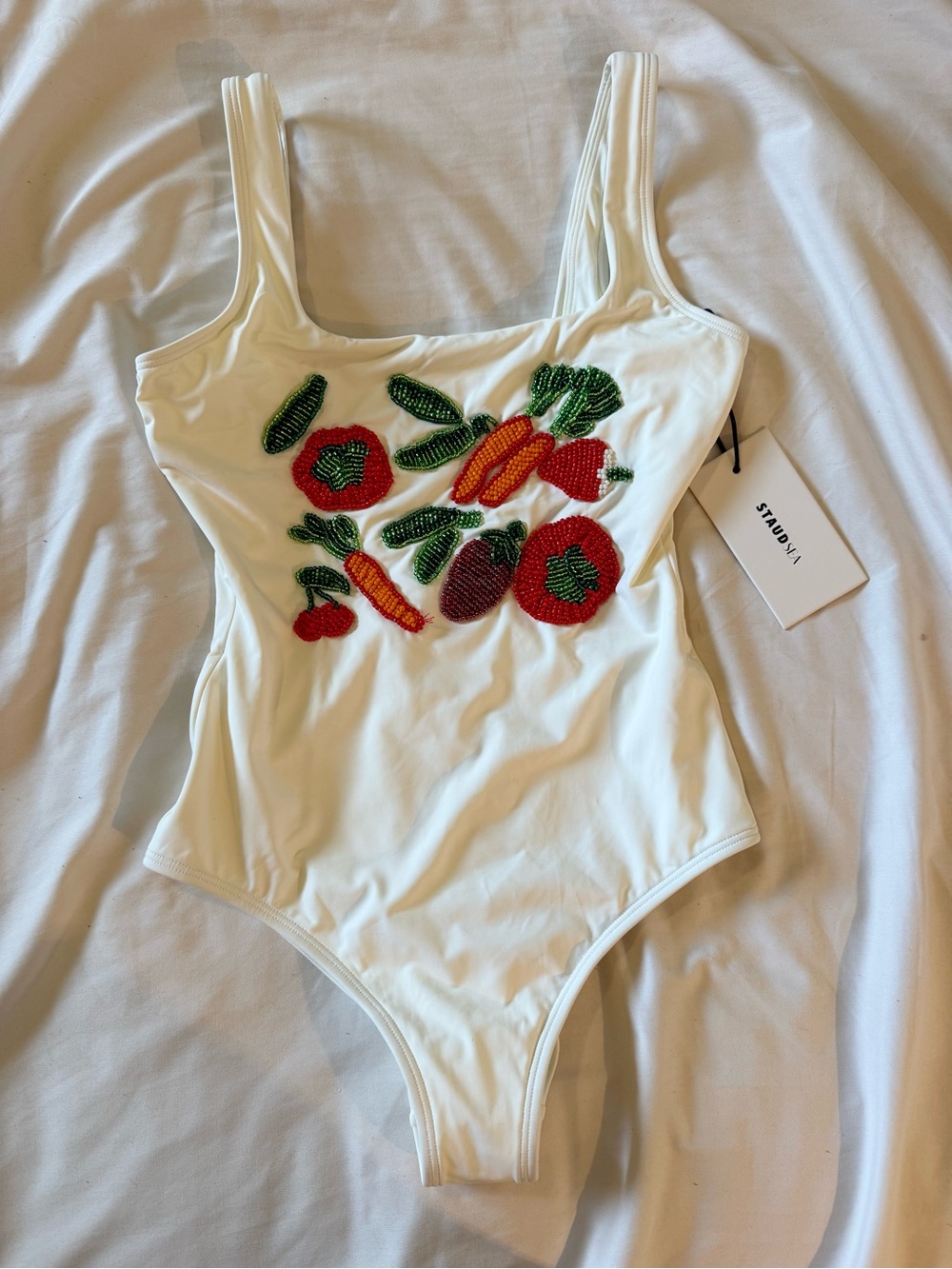 STAUD White Beaded Vegetable One-Piece Swimsuit